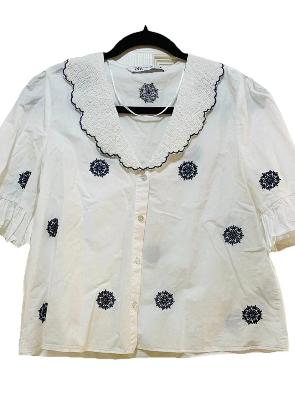 ZARA White Ruffled Collar Navy Embroidered Short Sleeve Shirt Sz XS